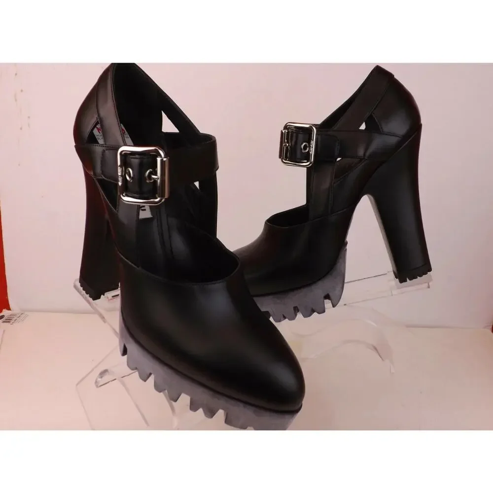 NIB MIU MIU PRADA 5IP454 BLACK LEATHER BELTED LUG SOLE PUMPS SANDALS 40 - Picture 7 of 9